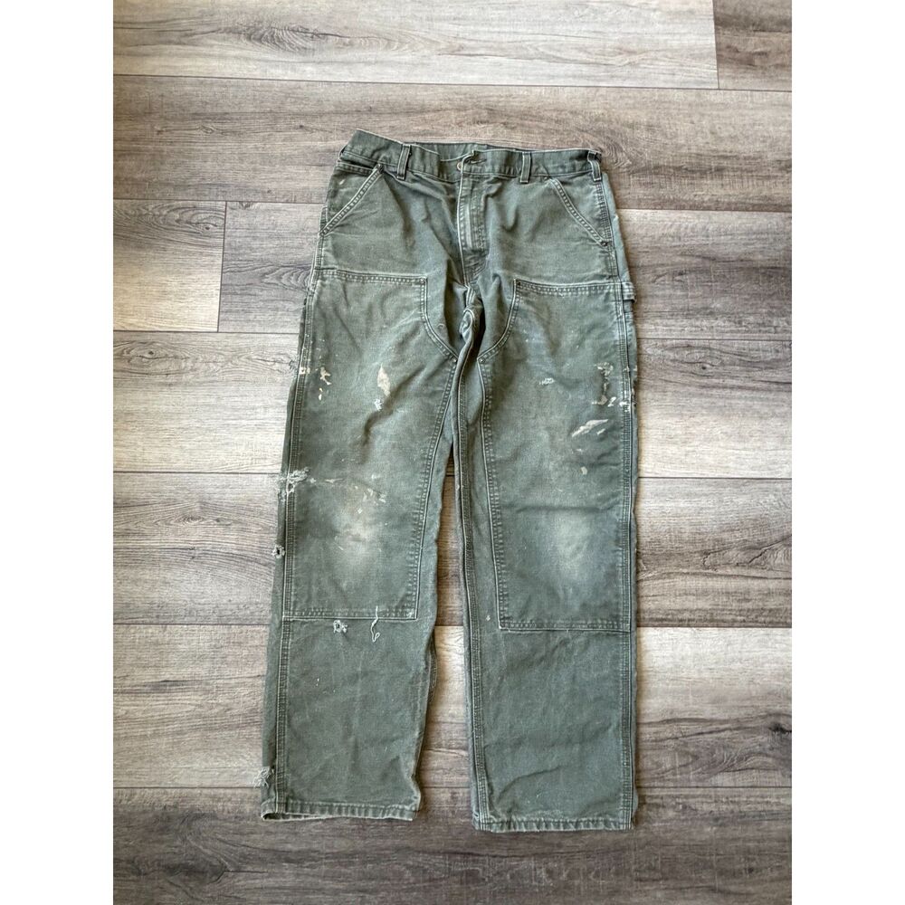 Carhartt Dungaree Fit Workwear Canvas Double Knee Holes Paint Splatter 38x34